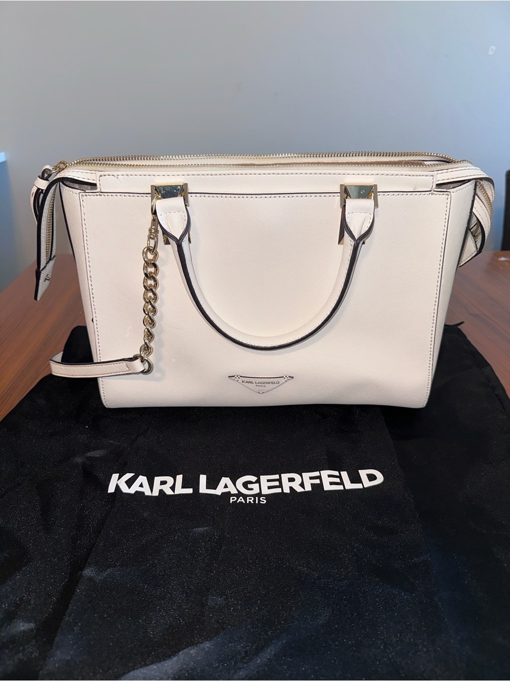 Karl Lagerfeld Cream Saffiano Satchel with Gold Chain Detail